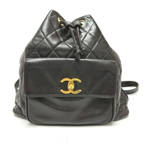 RARE Authentic CHANEL Vintage CC Lambskin Leather Backpack Shoulder Bag Black - Picture 2 of 16